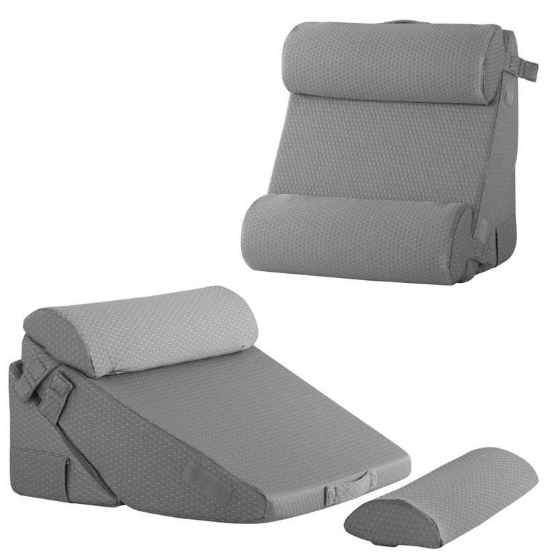 Bedluxe Adjustable 4pcs Bed Wedge Pillow Set Memory Foam Wedge Pillows Post Surgery for Back Neck Leg Pain Relief Pillow Wedge for Sleeping Sitting up in Bed Acid Reflux and GERD Grey